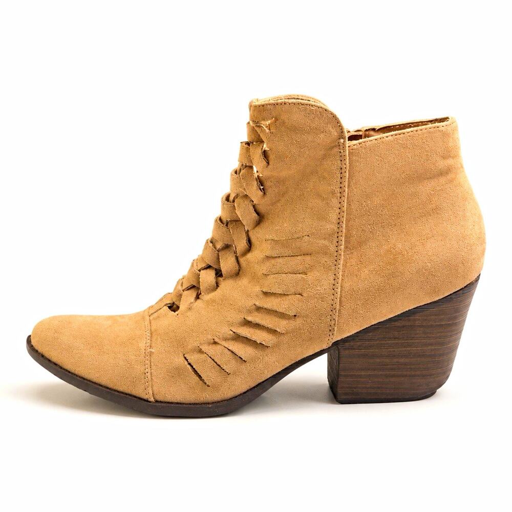 Coconuts Abree Women’s Beige Ankle Bootie Almond Toe Lace-Up Side Zip 9.5M